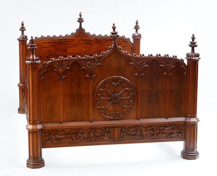Gothic Antique Furnishings Including Gothic Antique Chairs, Gothic 5763: An American Mahogany Gothic Bed. Size: 52 x 65 x 87 in. We purchased this bed around 1989 from an antiques dealer in Bar Harbor Maine. - Gothic Antique Furnishings Including Gothic Antique Chairs, Gothic